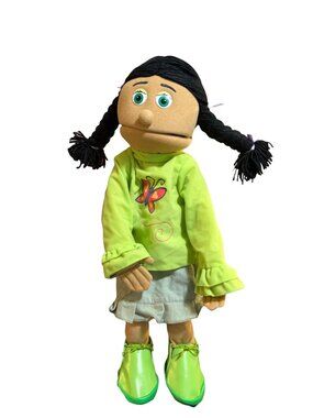 Silly Puppets 24" Jasmine Hand Puppet Arm Rod Girl Green Shirt Braids Ethnic